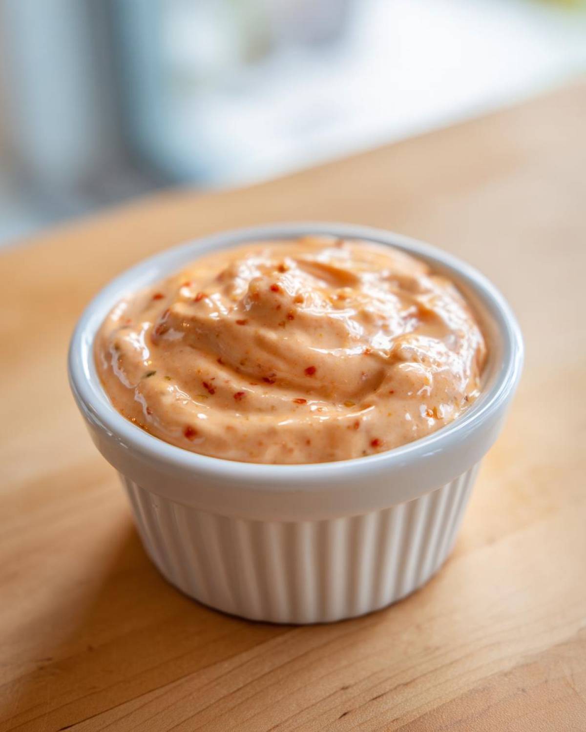 Close-up of creamy, orange-hued smash burger sauce speckled with red spices in a small white ramekin.