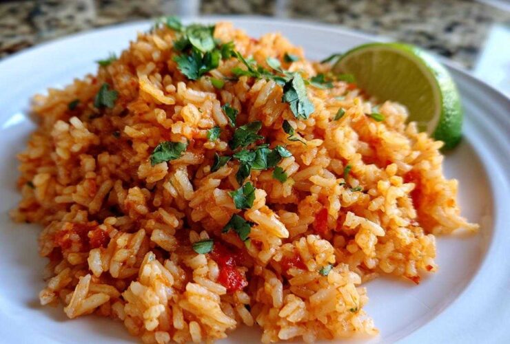 A mound of vibrant orange Spanish rice garnished with fresh cilantro and a lime wedge on a white plate.