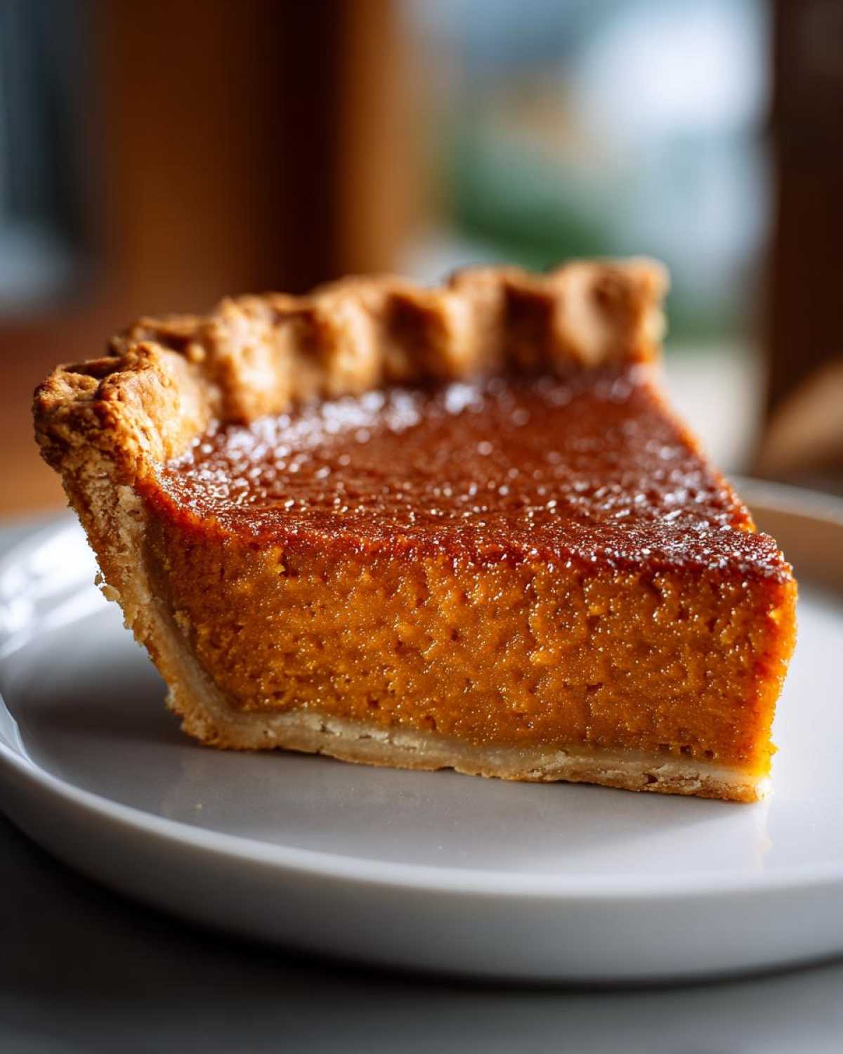A close-up of a single, rich slice of amazing sweet potato pie with a flaky crust on a light gray plate.