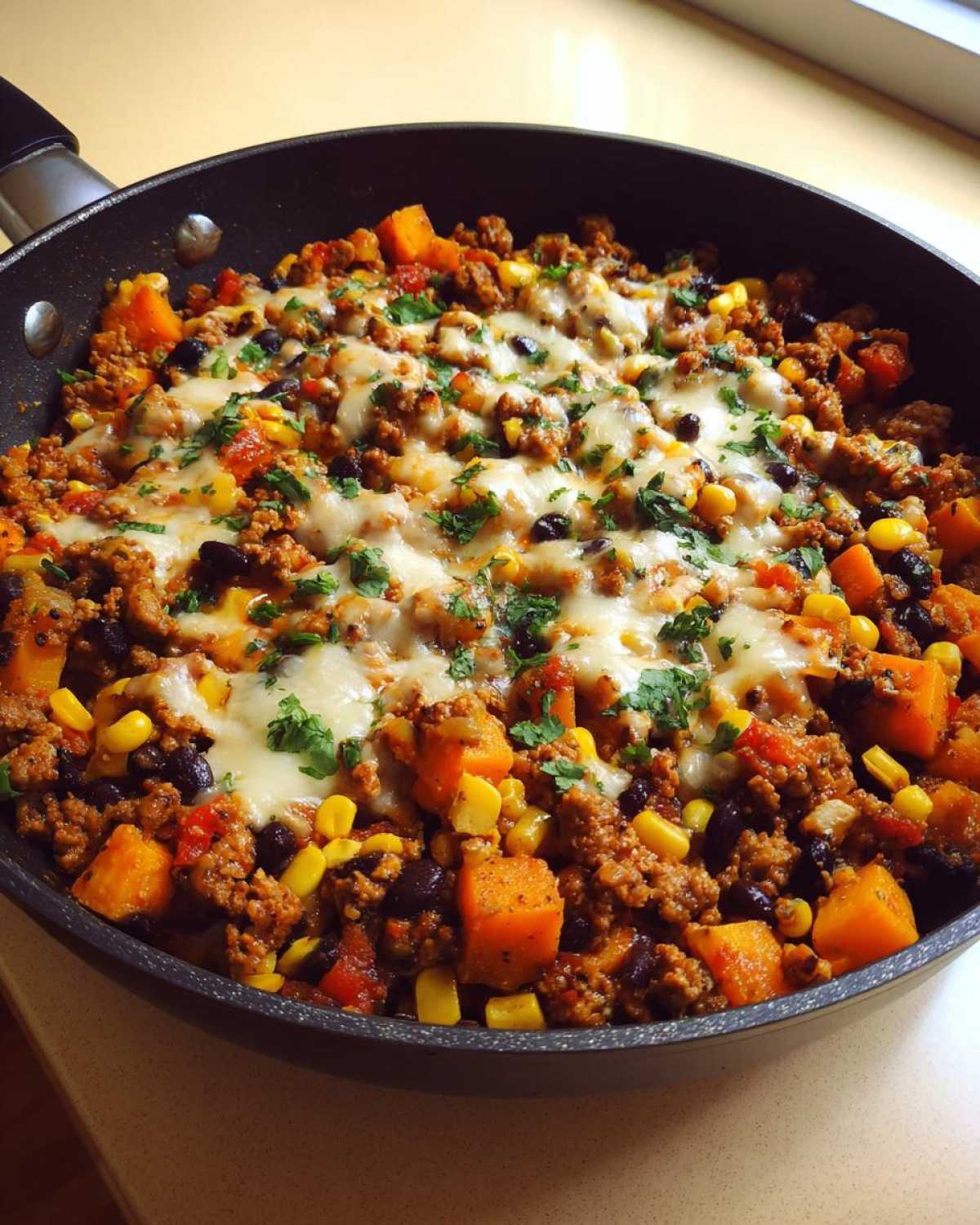 Close-up of an amazing sweet potato skillet filled with ground meat, black beans, corn, and topped with melted cheese and parsley.