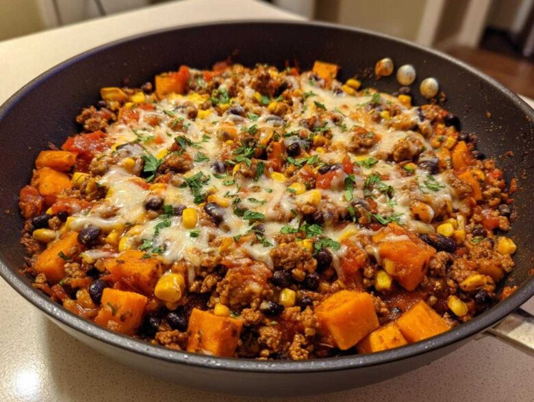 Close-up of a savory sweet potato skillet dinner with ground meat, black beans, corn, and melted cheese topping.
