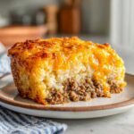 A thick slice of tater tot casserole showing a layer of seasoned ground beef topped with crispy tater tots and melted cheddar cheese.