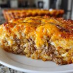 Close-up of a hearty slice of tater tot casserole featuring ground meat, shredded potatoes, and a thick layer of melted cheddar cheese.