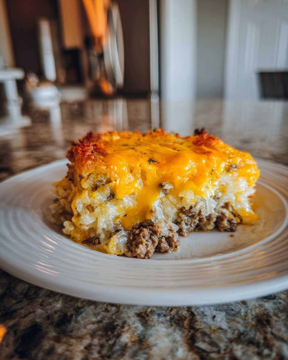 A square serving of tater tot casserole with ground beef and melted cheddar cheese on a white plate.
