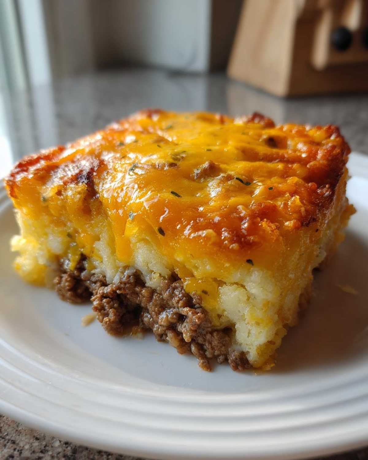A close-up slice of amazing tater tot casserole with a ground beef layer and melted cheddar cheese topping.