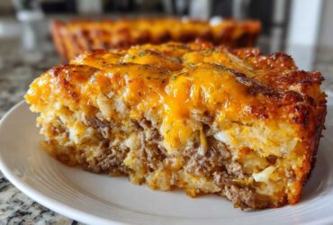 Close-up of a hearty slice of tater tot casserole featuring ground meat, shredded potatoes, and a thick layer of melted cheddar cheese.