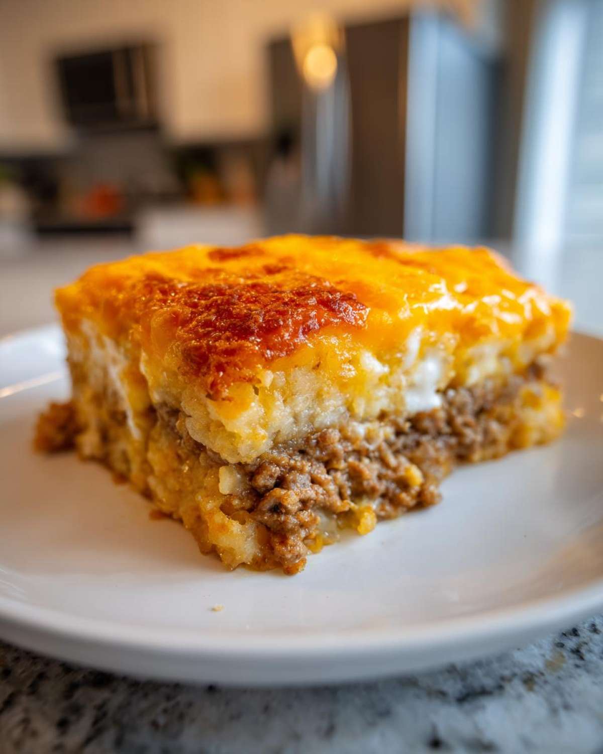 A close-up slice of amazing tater tot casserole showing layers of seasoned ground beef and a golden, cheesy topping.