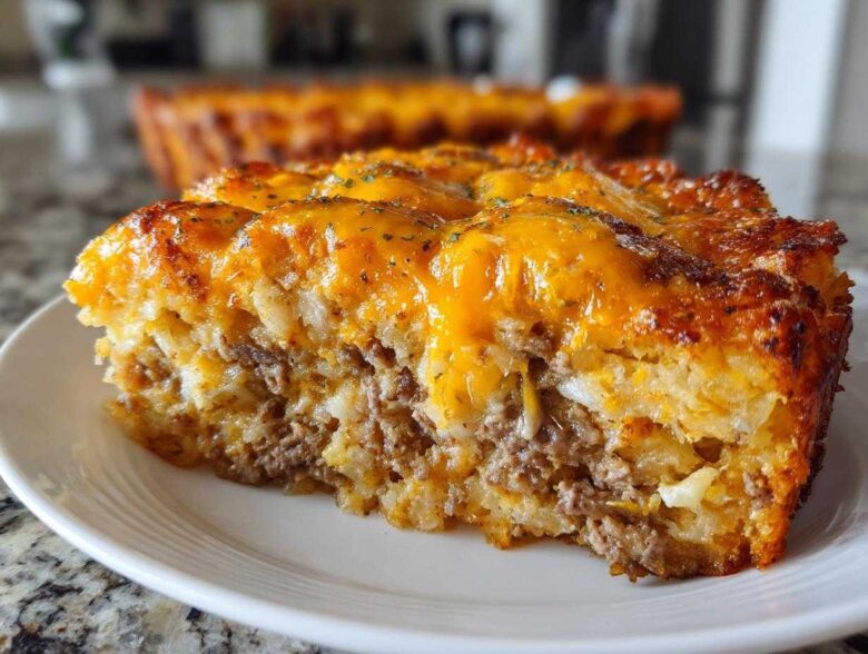Close-up of a hearty slice of tater tot casserole featuring ground meat, shredded potatoes, and a thick layer of melted cheddar cheese.