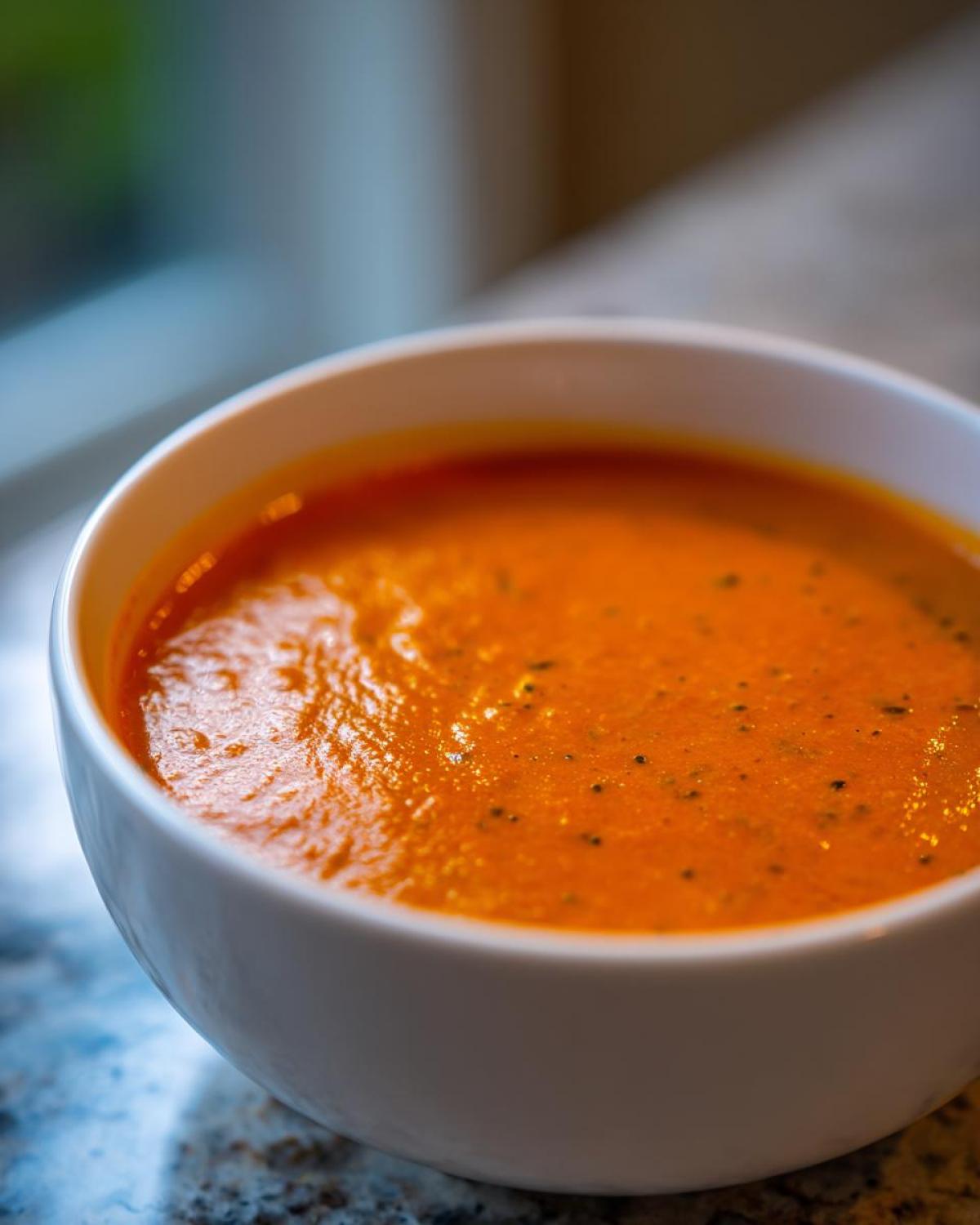 Close-up of a white bowl filled with rich, orange-red tomato bisque, seasoned with black pepper.