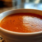 A close-up, inviting shot of creamy, vibrant orange tomato bisque garnished with pepper flakes in a white bowl.