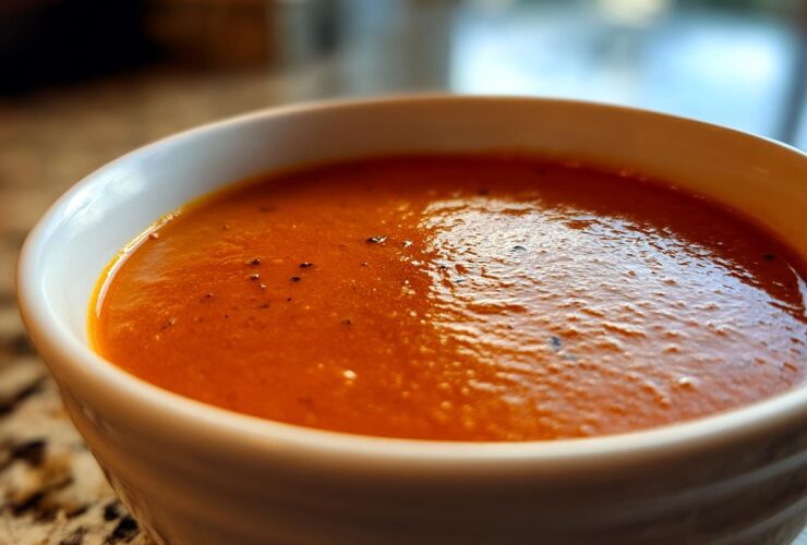 A close-up, inviting shot of creamy, vibrant orange tomato bisque garnished with pepper flakes in a white bowl.
