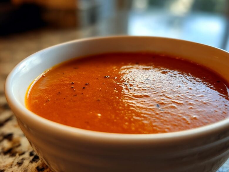 A close-up, inviting shot of creamy, vibrant orange tomato bisque garnished with pepper flakes in a white bowl.
