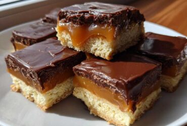Close-up of several homemade twix bites featuring a shortbread base, gooey caramel, and thick chocolate topping.