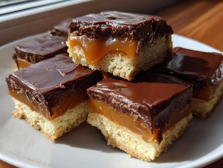 Close-up of several homemade twix bites featuring a shortbread base, gooey caramel, and thick chocolate topping.
