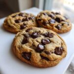 Close-up of three perfectly baked vegan chocolate chip cookies loaded with melted chocolate chunks on a white plate.