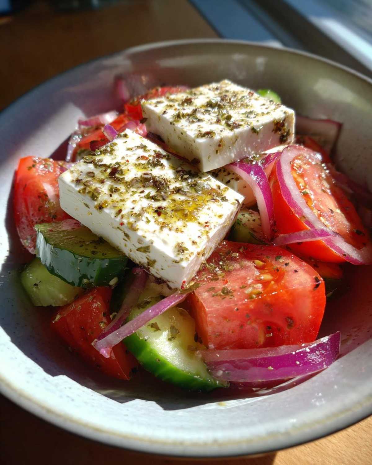 Close-up of a vibrant greek salad featuring large cubes of feta cheese topped with herbs, tomatoes, cucumbers, and red onion.