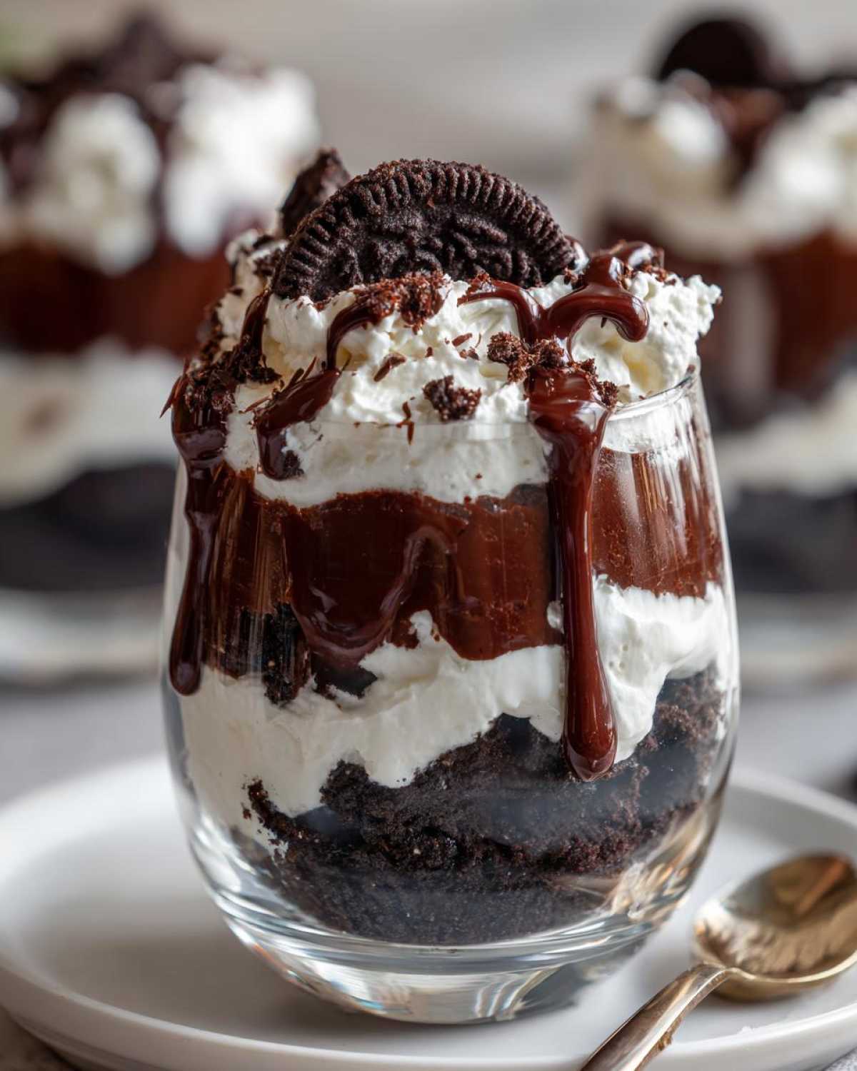 Close-up of a layered Baileys Chocolate Cheesecake Trifle topped with whipped cream, chocolate sauce, and an Oreo cookie.