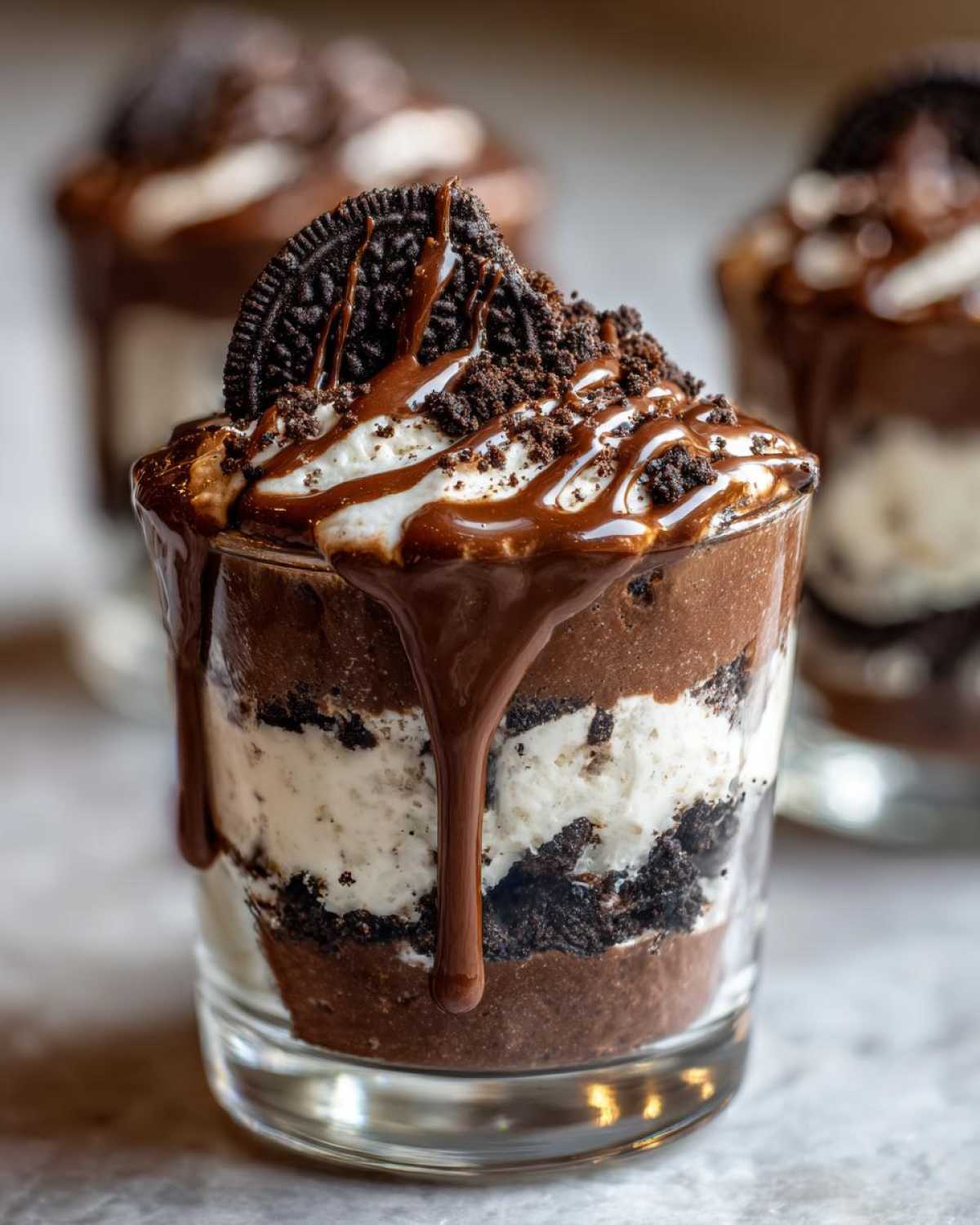 Close-up of a single serving Baileys Chocolate Cheesecake Trifle layered with cream and chocolate, topped with Oreo crumbs and sauce.