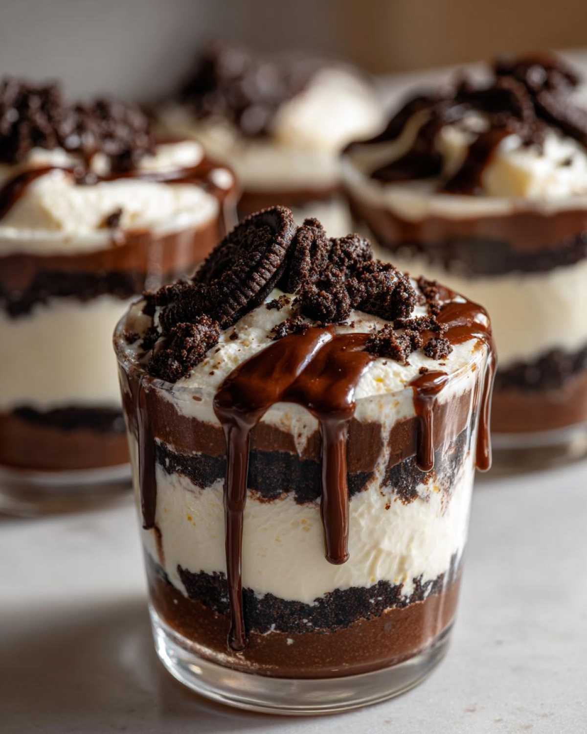 Close-up of an individual Baileys Chocolate Cheesecake Trifle layered with cream, chocolate, and topped with cookie crumbs and drizzle.
