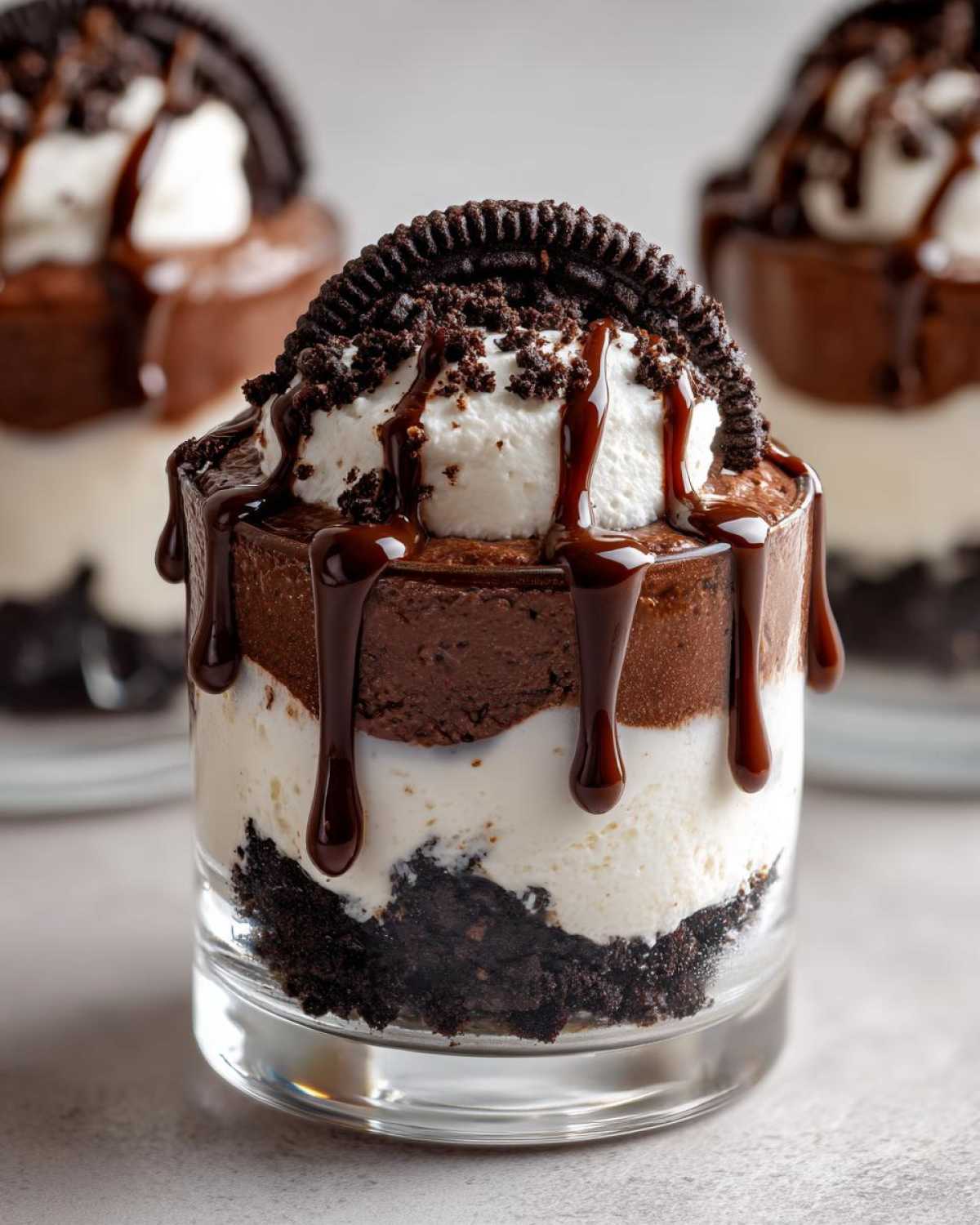 Close-up of a Baileys Chocolate Cheesecake Trifle layer dessert topped with chocolate sauce and an Oreo cookie.