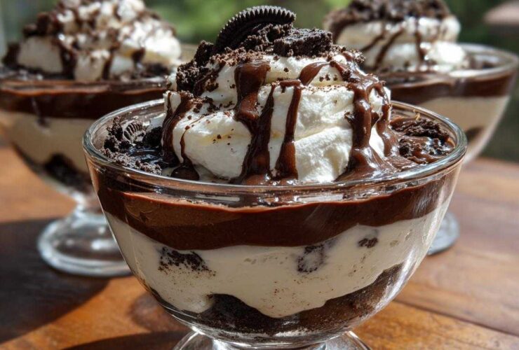 Close-up of a single serving of Baileys Chocolate Cheesecake Trifle topped with whipped cream and chocolate drizzle.