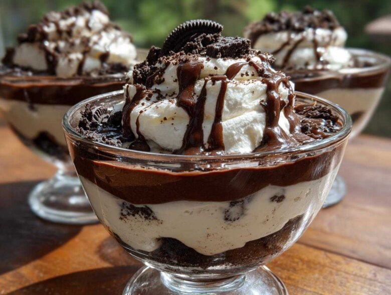 Close-up of a single serving of Baileys Chocolate Cheesecake Trifle topped with whipped cream and chocolate drizzle.