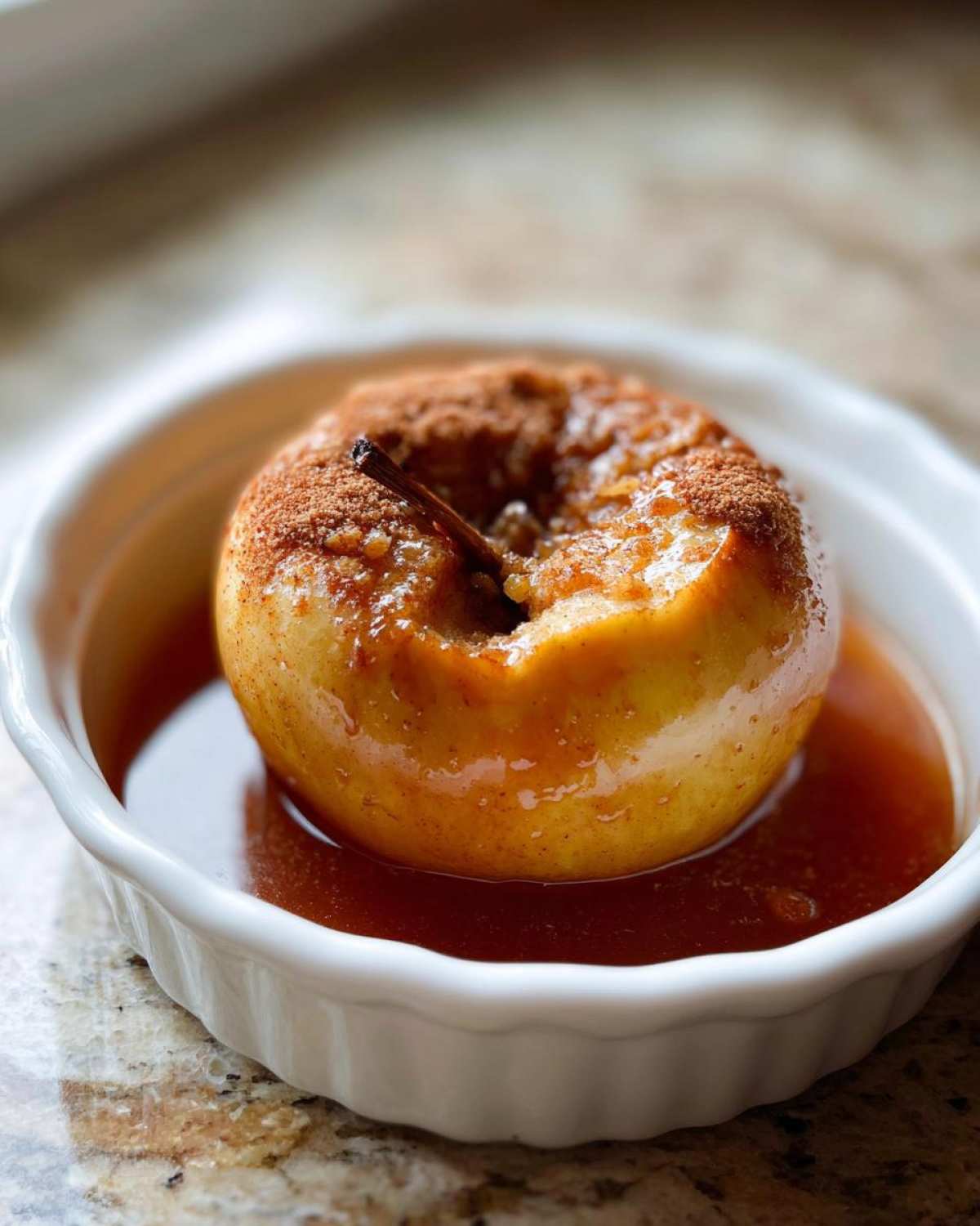 Close-up of a single baked apples dessert, topped with cinnamon and sitting in sweet syrup in a white dish.