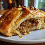 Close-up of a slice of baked brie wrapped in flaky pastry, oozing with honey glaze and topped with pecans.