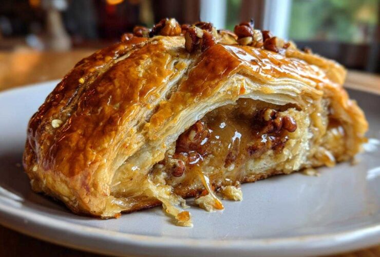 Close-up of a slice of baked brie wrapped in flaky pastry, oozing with honey glaze and topped with pecans.