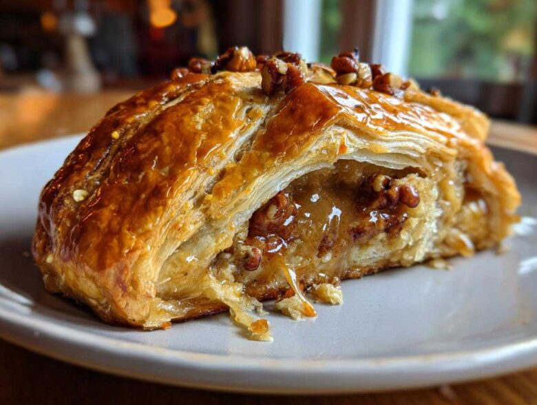 Close-up of a slice of baked brie wrapped in flaky pastry, oozing with honey glaze and topped with pecans.