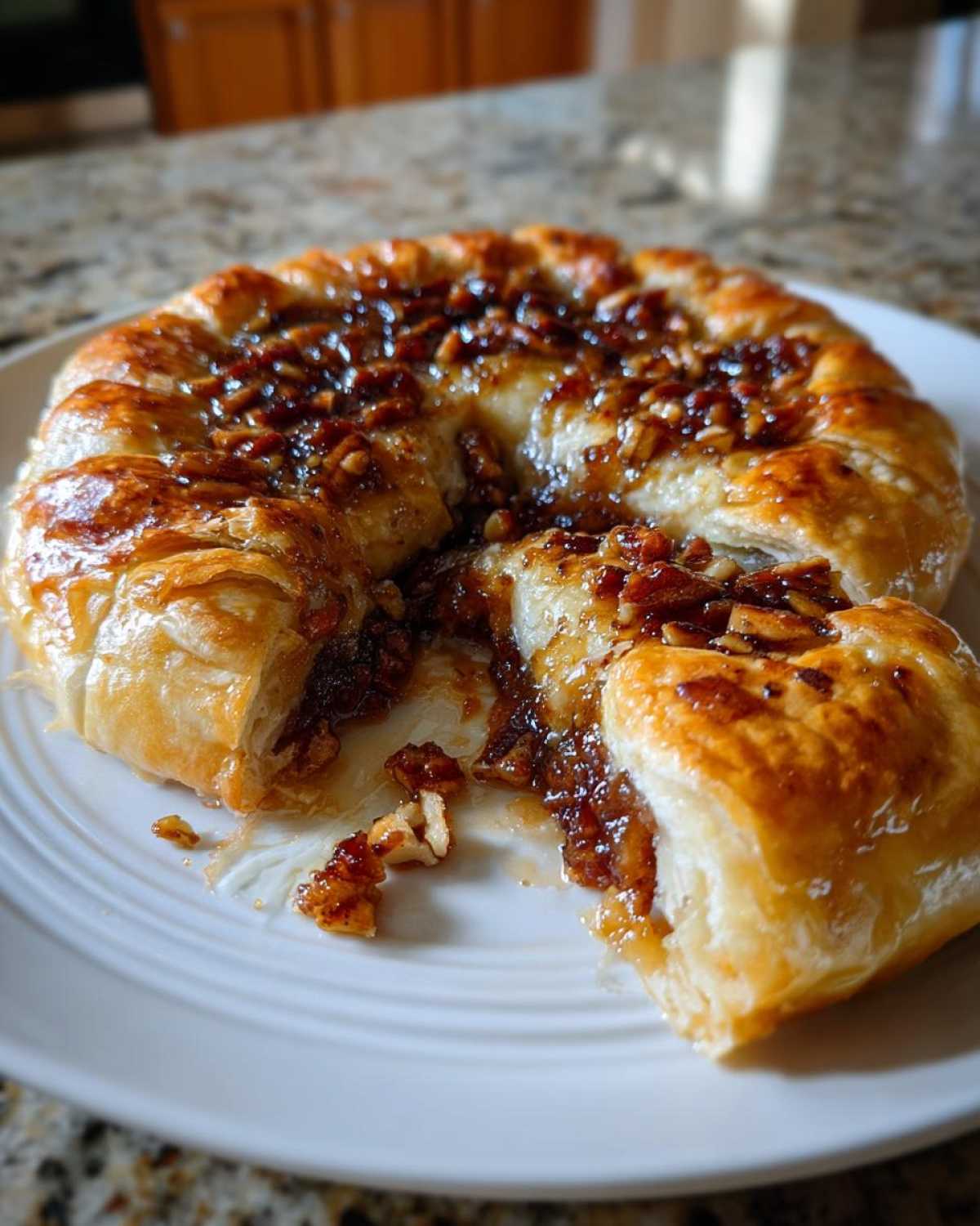 A slice has been pulled from the baked brie wrapped in golden puff pastry, revealing a gooey center topped with caramelized pecans.