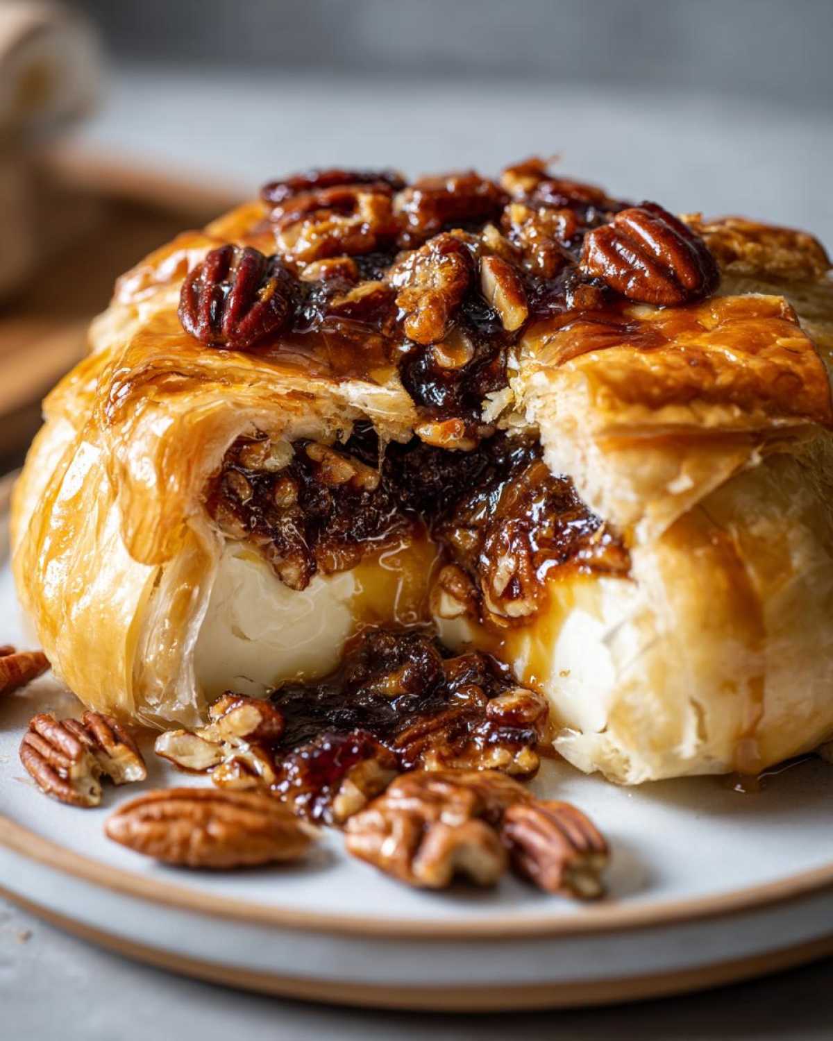 A cross-section view of warm baked brie wrapped in flaky pastry, oozing with melted cheese and topped with candied pecans.