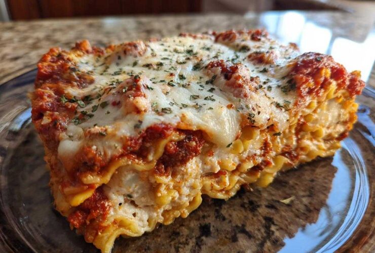 Close-up of a hearty slice of baked ravioli comfort casserole with melted cheese and herbs.