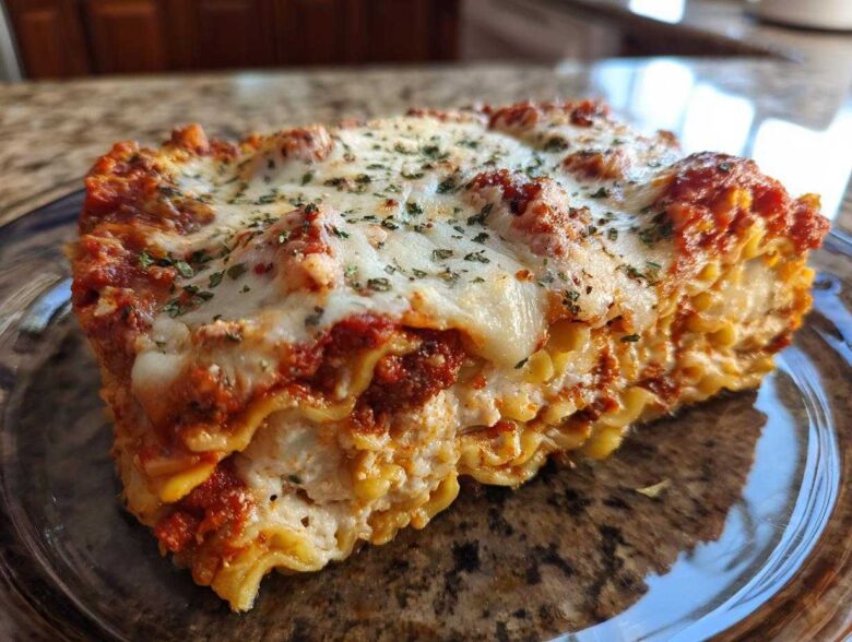 Close-up of a hearty slice of baked ravioli comfort casserole with melted cheese and herbs.