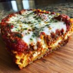 Close-up of a thick slice of baked ravioli casserole showing layers of pasta, meat sauce, and melted cheese topping.