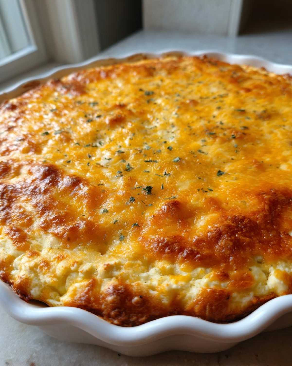 Close-up of freshly baked Texas Trash Dip with a bubbly, golden-brown layer of melted cheddar cheese.