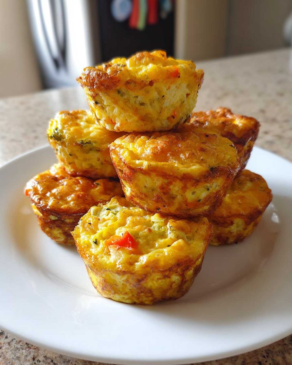 A stack of golden-brown baked egg bites filled with visible vegetables, served on a white plate.
