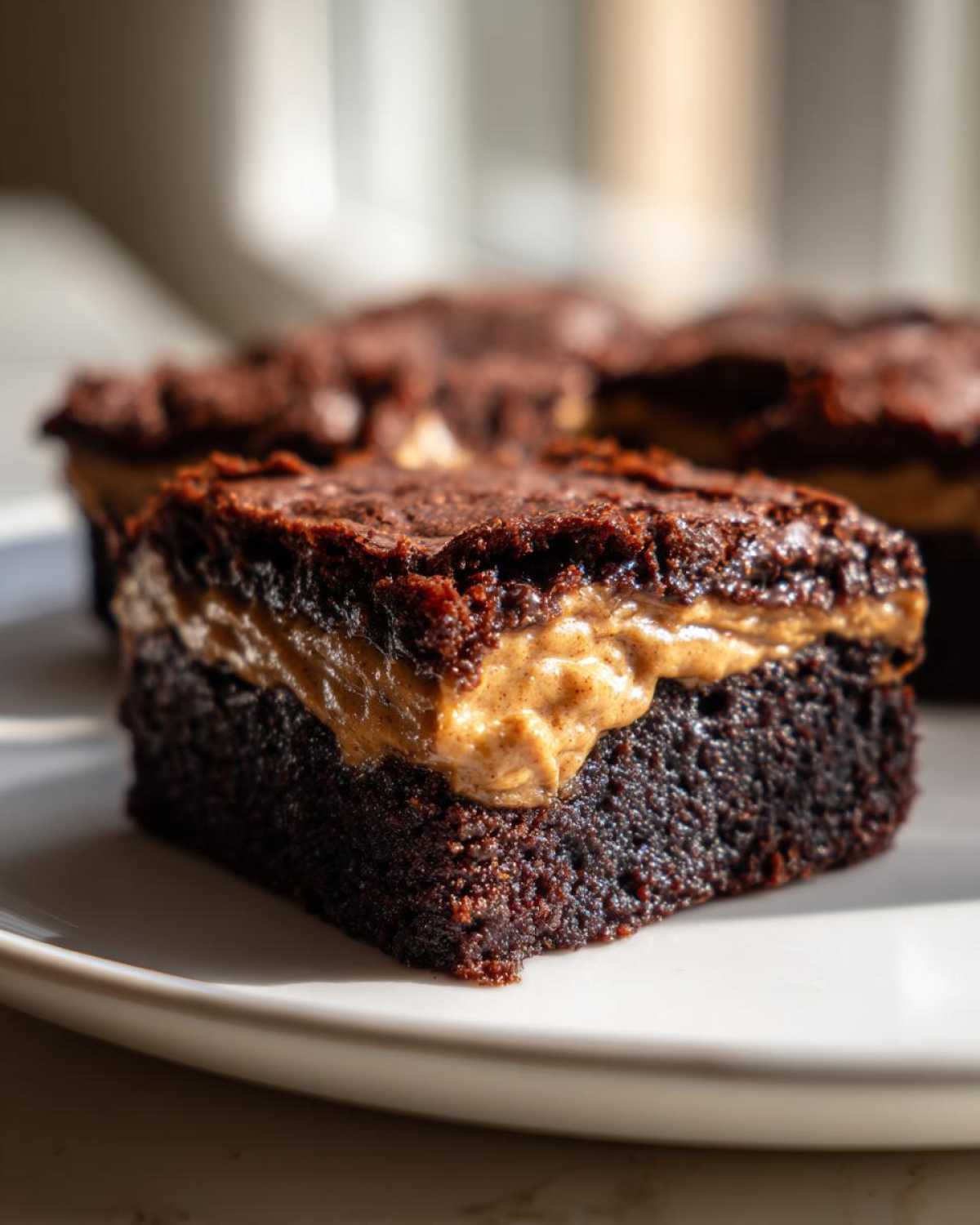 A rich, dark square of banana bread brownies featuring a creamy peanut butter swirl layer.