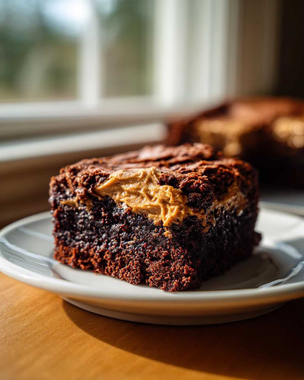 A close-up of a fudgy banana bread brownies square with a peanut butter swirl on top, served on a white plate.
