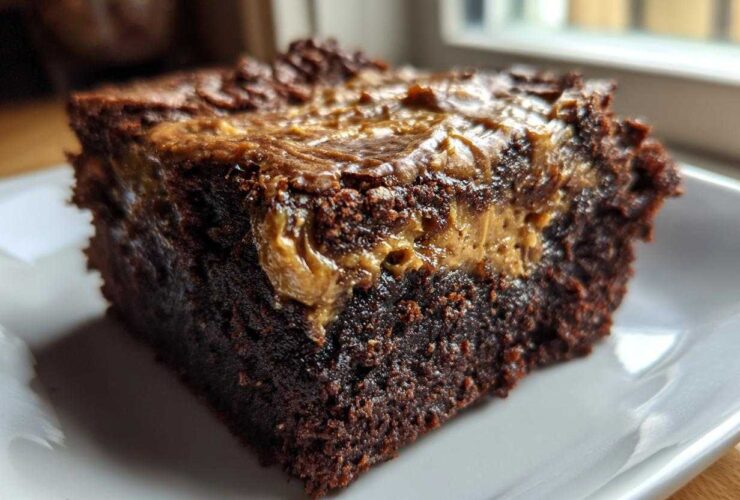 Close-up of a rich, fudgy banana bread brownies square with a gooey peanut butter swirl on top, served on a white plate.