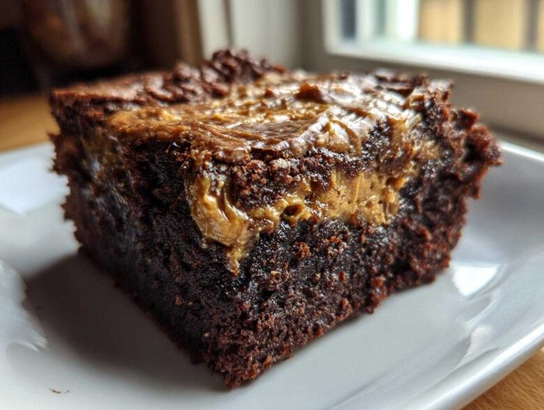 Close-up of a rich, fudgy banana bread brownies square with a gooey peanut butter swirl on top, served on a white plate.