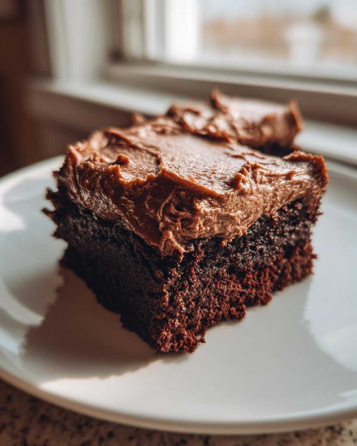 Close-up of a decadent slice of banana bread brownies topped with thick chocolate frosting.