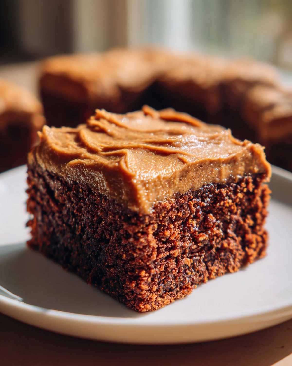 Close-up of a rich, dark chocolate slice of banana bread brownies topped with thick, creamy peanut butter-colored frosting.