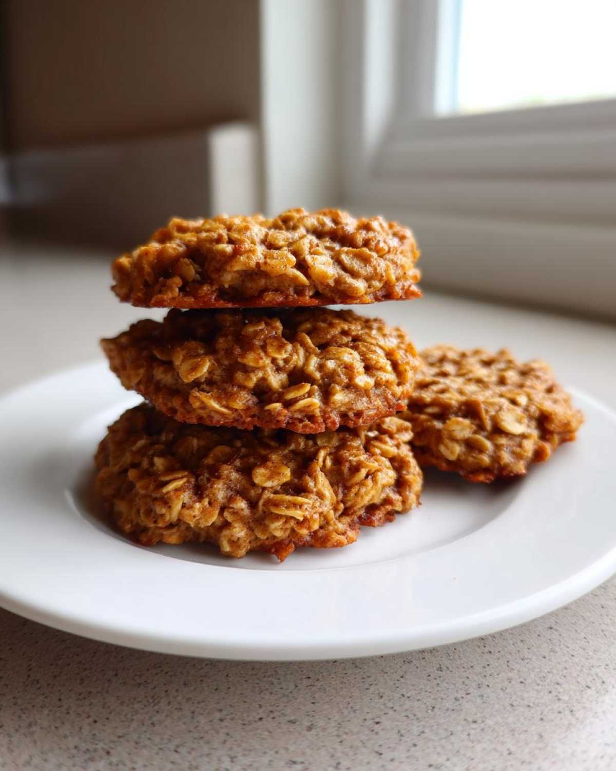 A stack of three freshly baked banana oatmeal cookies on a white plate, with one cookie to the side.