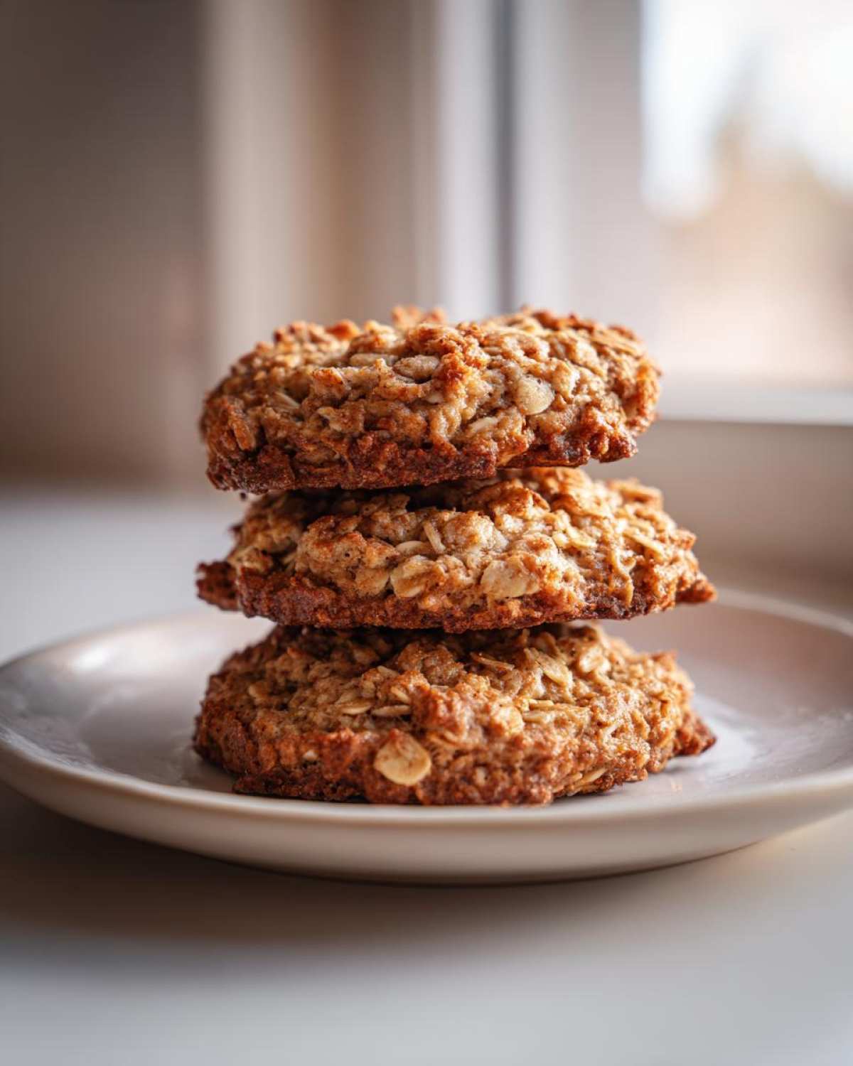 A stack of three golden-brown banana oatmeal cookies resting on a small white plate near a bright window.