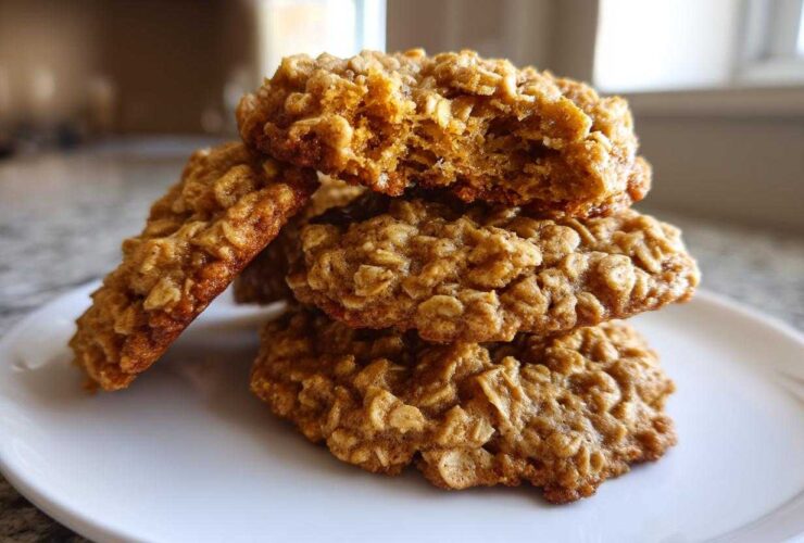 A stack of four soft, chewy banana oatmeal cookies piled on a white plate.