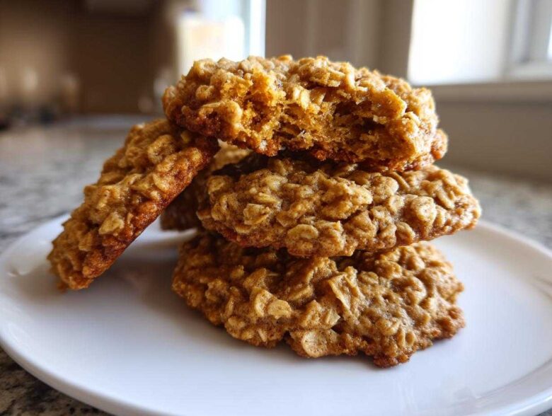 A stack of four soft, chewy banana oatmeal cookies piled on a white plate.