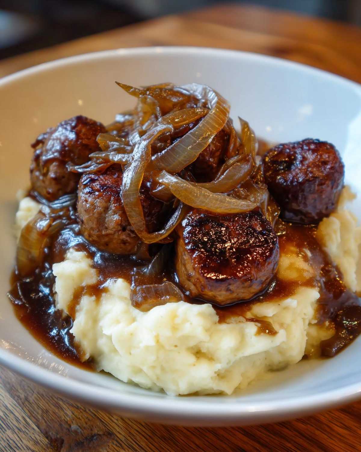 A close-up of a hearty serving of bangers and mash topped with rich gravy and caramelized onions.