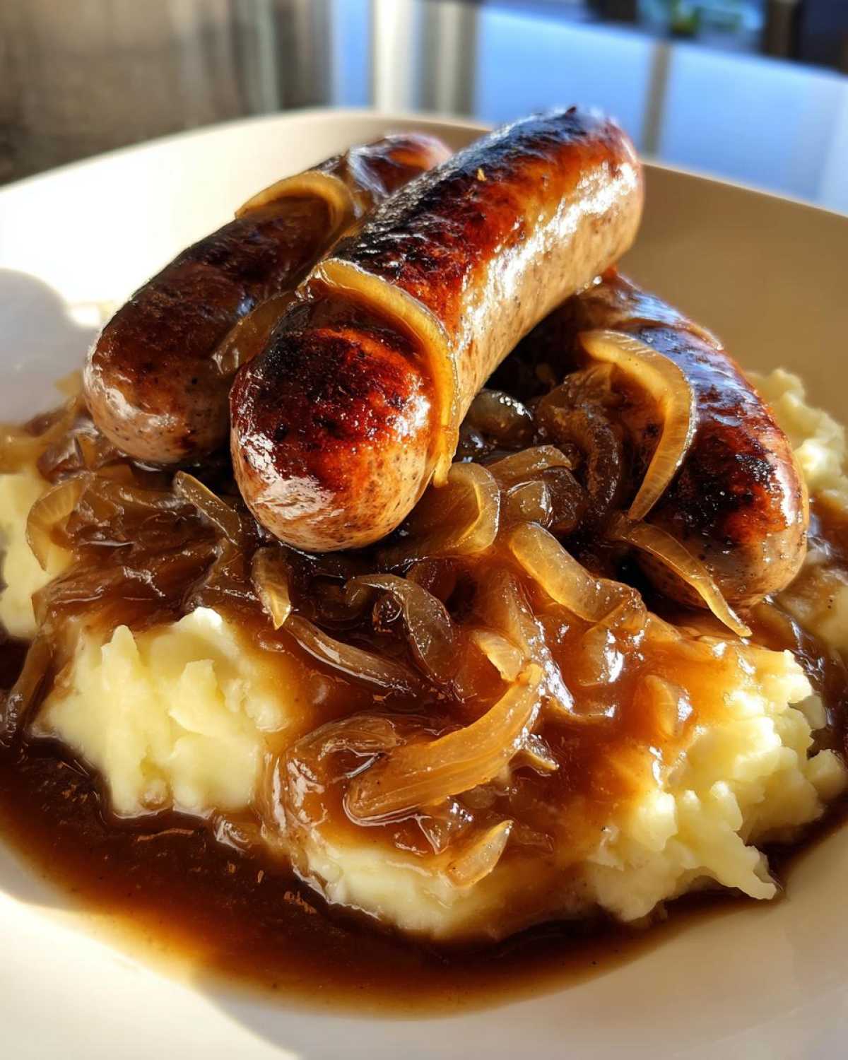 Close-up of three perfectly browned sausages served over creamy mashed potatoes with rich onion gravy, classic bangers and mash.