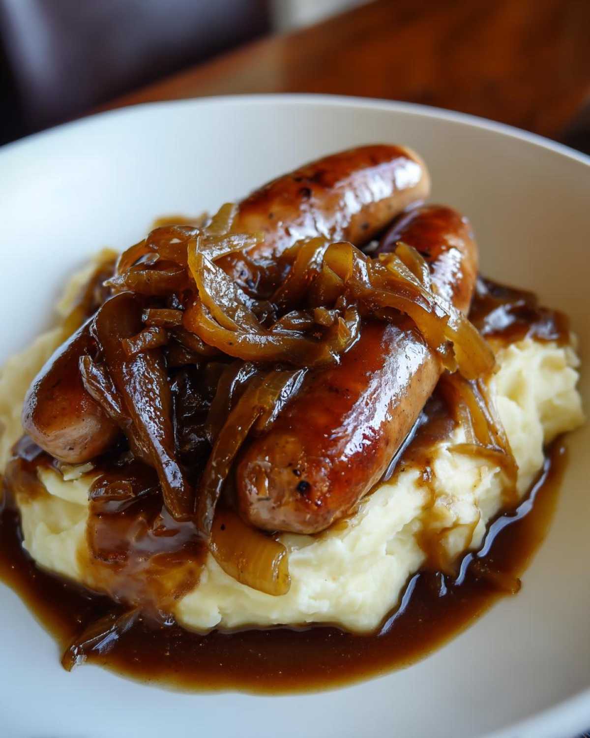 Close-up of delicious bangers and mash topped with rich gravy and caramelized onions.